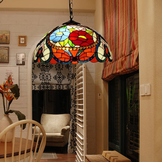 Bloom Stained Glass Ceiling Pendant Light with Adjustable Chain - Victorian Red/Yellow/Red-Yellow-Blue-Green (Set of 3)