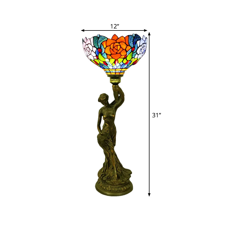 Bowl Table Night Lamp In Brass With Stained Glass Baroque Petal/Dragonfly Pattern & Resin Naked