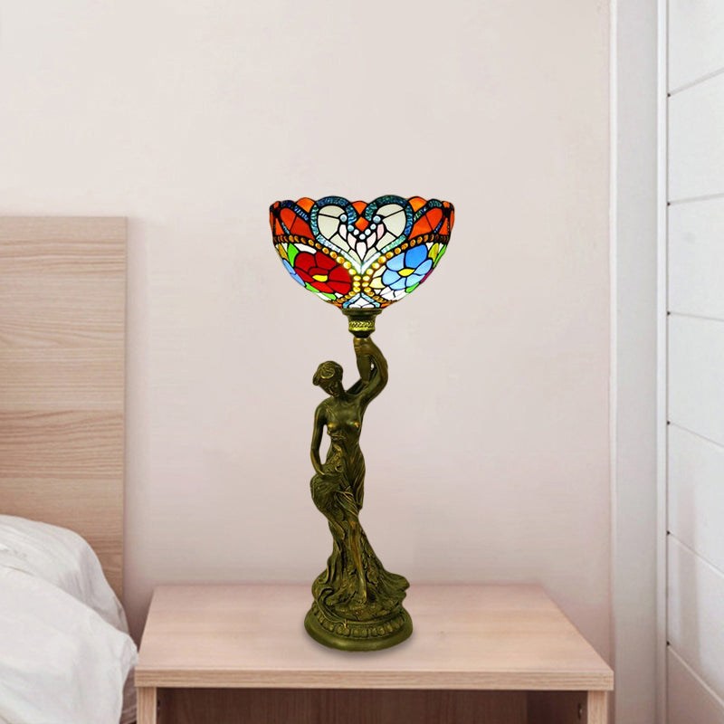 Bowl Table Night Lamp In Brass With Stained Glass Baroque Petal/Dragonfly Pattern & Resin Naked