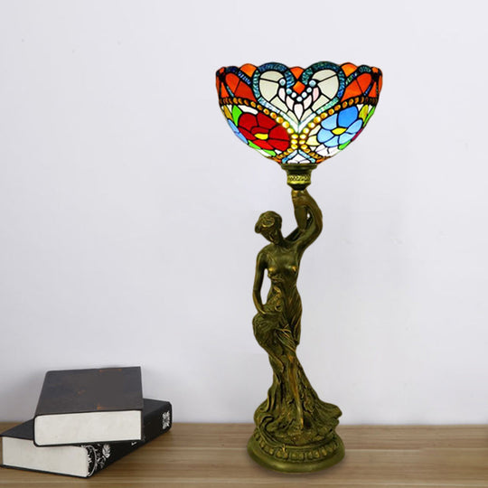 Bowl Table Night Lamp In Brass With Stained Glass Baroque Petal/Dragonfly Pattern & Resin Naked