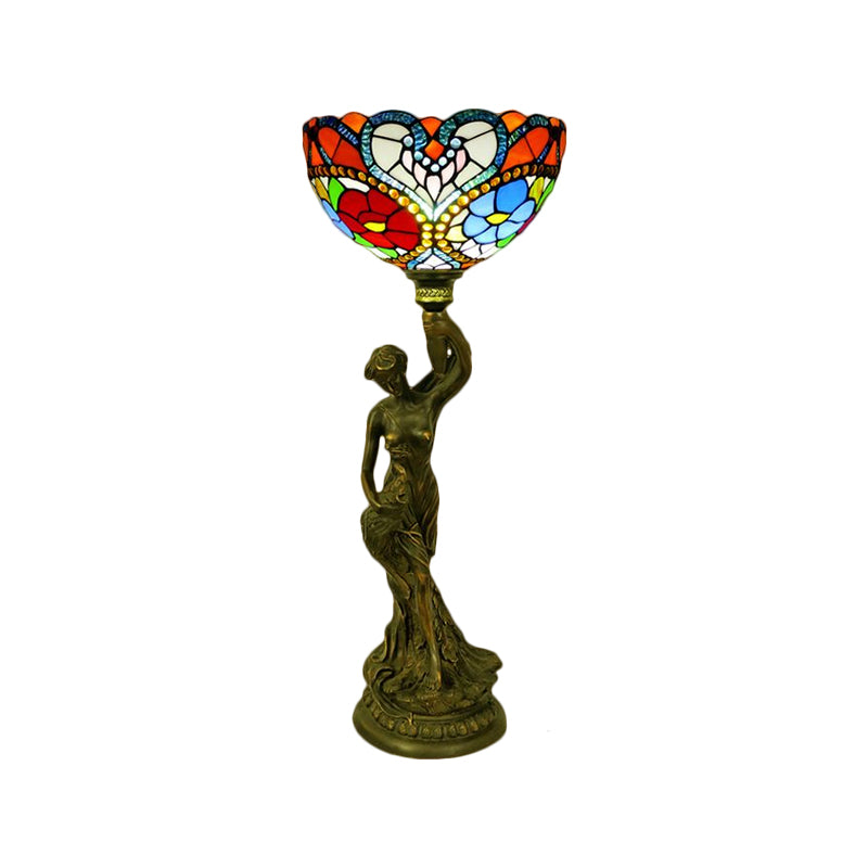 Bowl Table Night Lamp In Brass With Stained Glass Baroque Petal/Dragonfly Pattern & Resin Naked