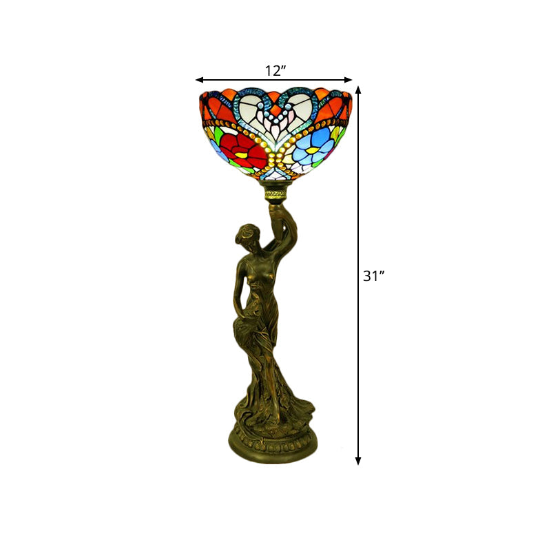 Bowl Table Night Lamp In Brass With Stained Glass Baroque Petal/Dragonfly Pattern & Resin Naked