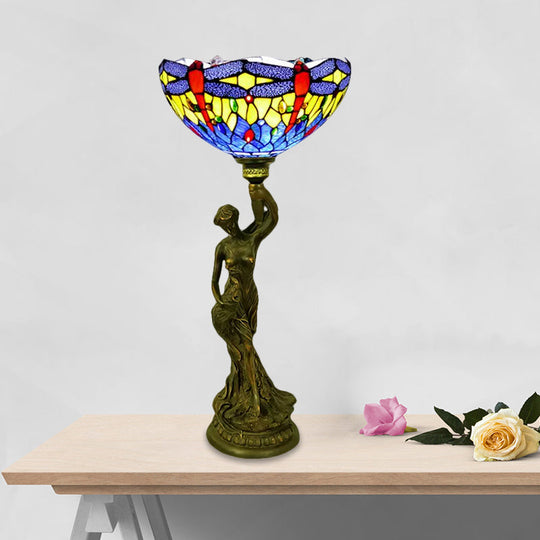 Bowl Table Night Lamp In Brass With Stained Glass Baroque Petal/Dragonfly Pattern & Resin Naked