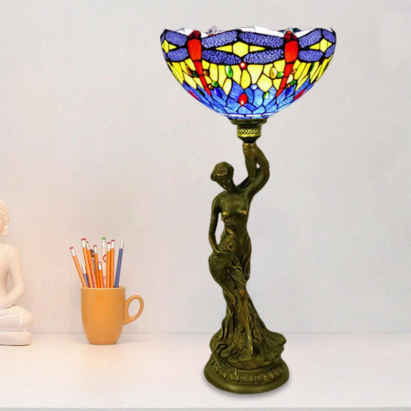 Bowl Table Night Lamp In Brass With Stained Glass Baroque Petal/Dragonfly Pattern & Resin Naked