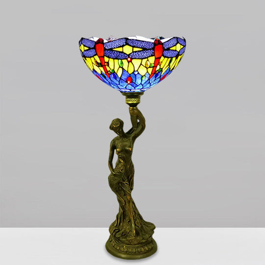 Bowl Table Night Lamp In Brass With Stained Glass Baroque Petal/Dragonfly Pattern & Resin Naked