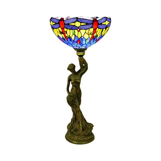 Bowl Table Night Lamp In Brass With Stained Glass Baroque Petal/Dragonfly Pattern & Resin Naked