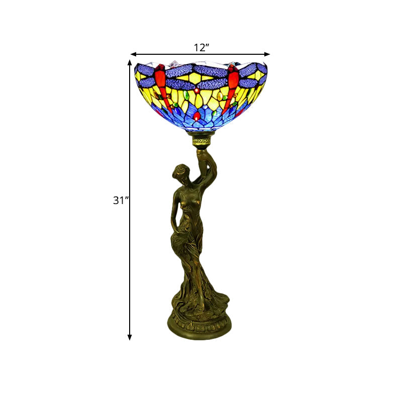 Bowl Table Night Lamp In Brass With Stained Glass Baroque Petal/Dragonfly Pattern & Resin Naked