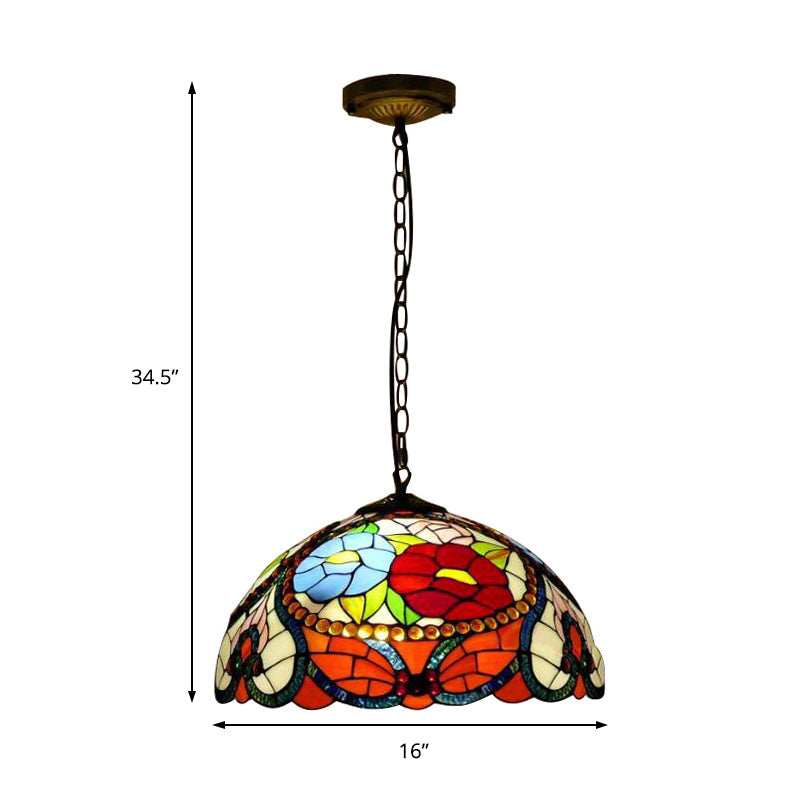 Bloom Stained Glass Ceiling Pendant Light with Adjustable Chain - Victorian Red/Yellow/Red-Yellow-Blue-Green (Set of 3)