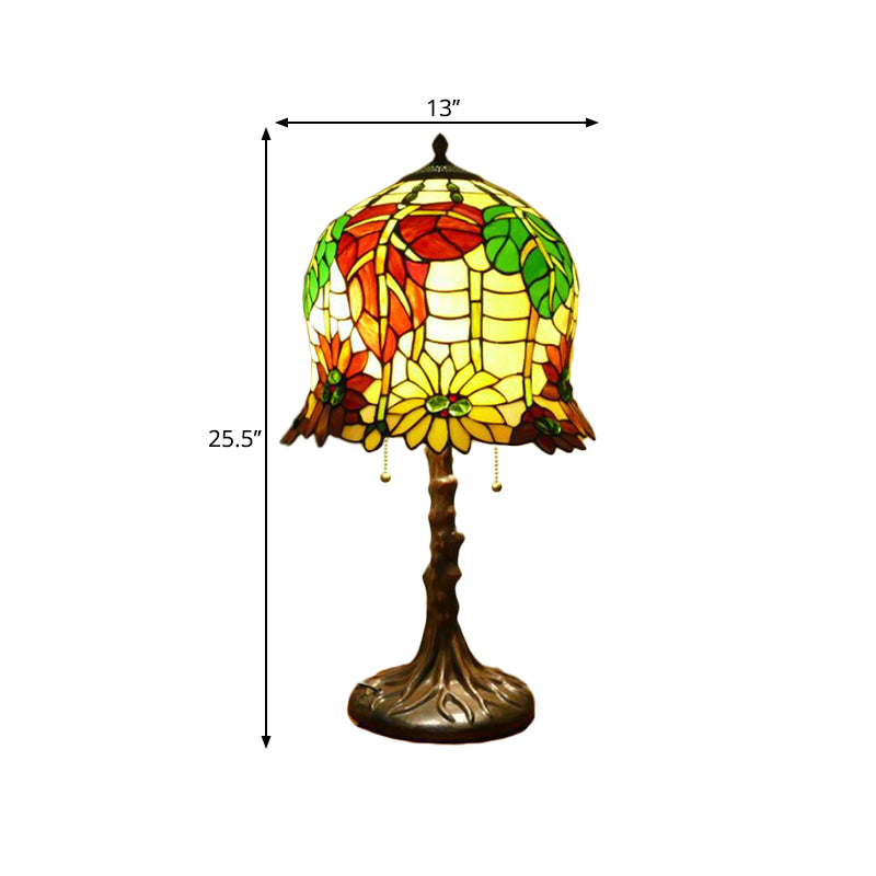 Victorian Bell Table Light - 2 Heads Hand Cut Glass Nightstand Lamp In Blossom Pattern Yellow &