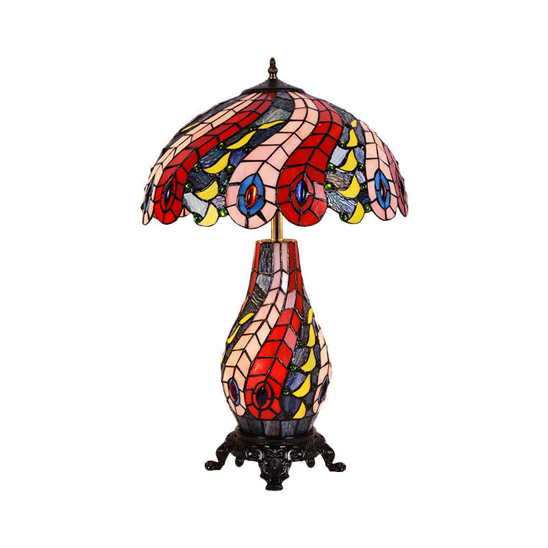 Red Tiffany Glass Scalloped Dome Table Lamp With Peacock Pattern - 2-Light Night Light