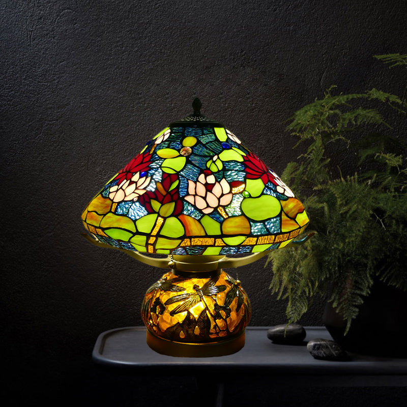 Mediterranean Stained Glass Conic Table Lamp - Green Lotus Patterned Nightlight For Bedroom