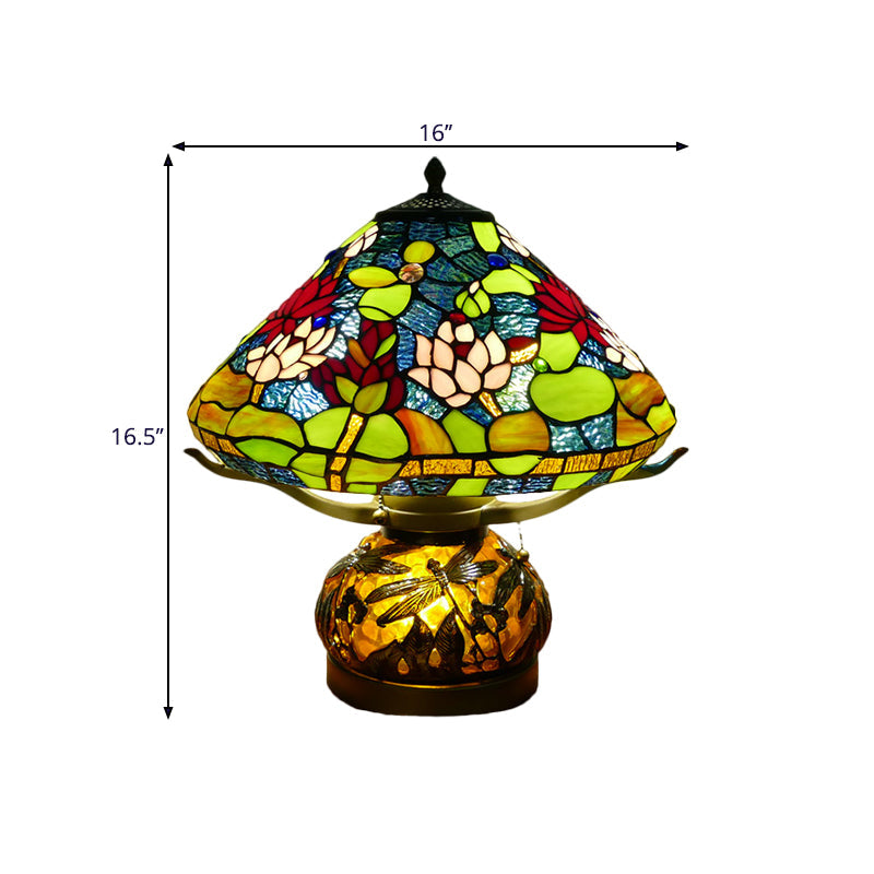 Mediterranean Stained Glass Conic Table Lamp - Green Lotus Patterned Nightlight For Bedroom