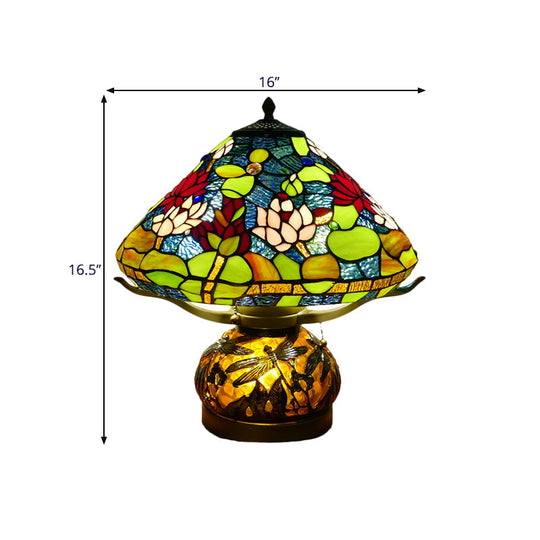 Mediterranean Stained Glass Conic Table Lamp - Green Lotus Patterned Nightlight For Bedroom