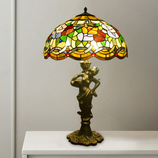 Baroque Gold Stained Glass Flower Patterned Night Lighting Lamp With Elegant Bell/Scalloped Design