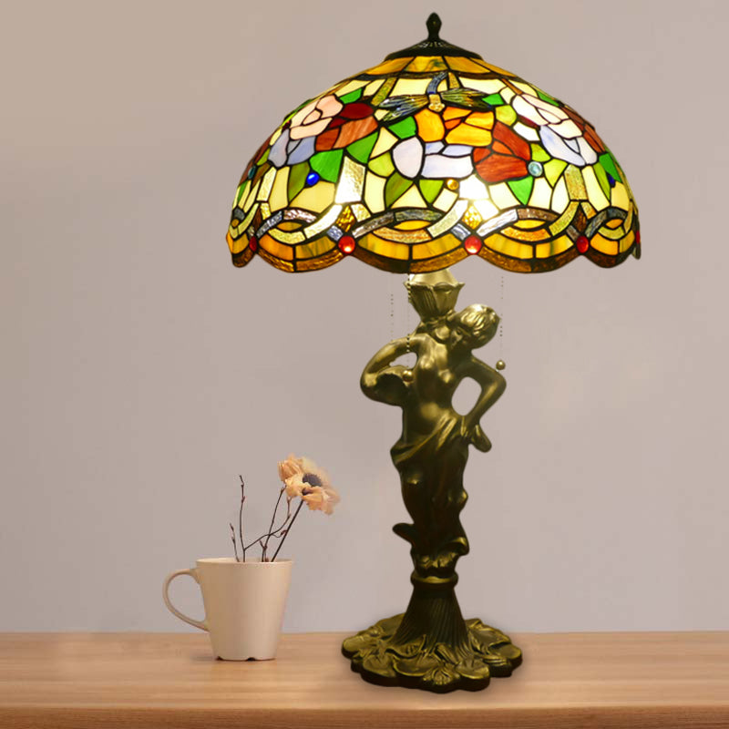 Baroque Gold Stained Glass Flower Patterned Night Lighting Lamp With Elegant Bell/Scalloped Design