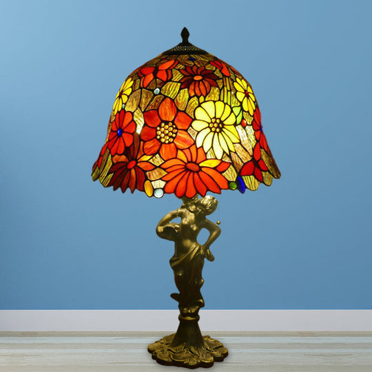 Baroque Gold Stained Glass Flower Patterned Night Lighting Lamp With Elegant Bell/Scalloped Design