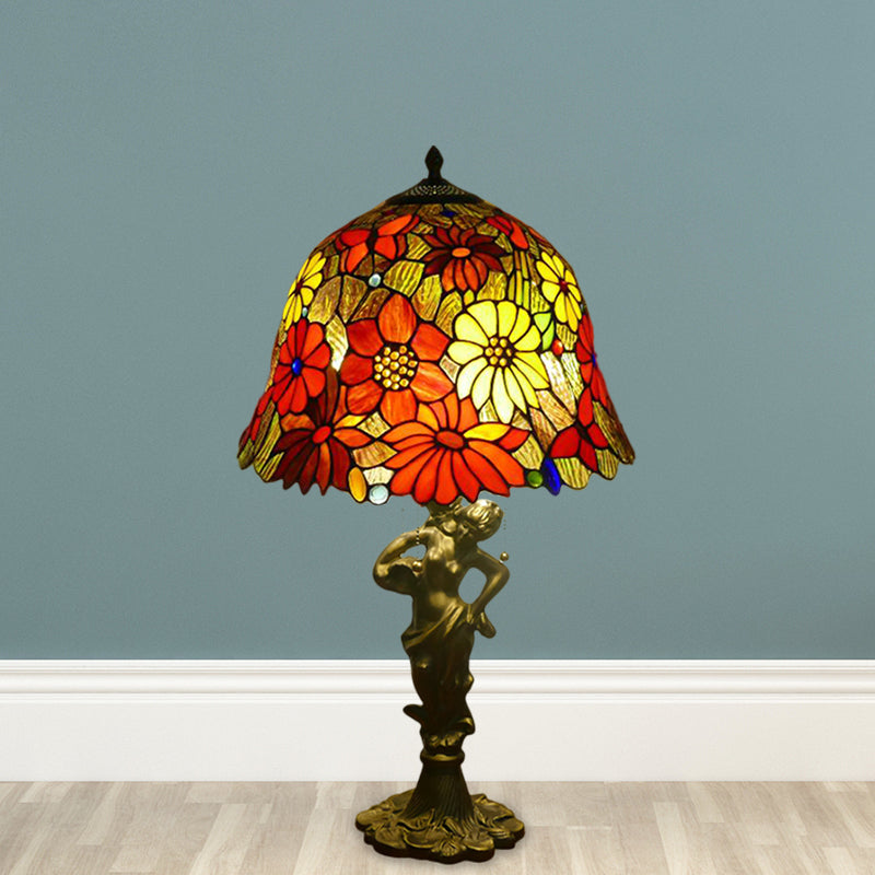 Baroque Gold Stained Glass Flower Patterned Night Lighting Lamp With Elegant Bell/Scalloped Design