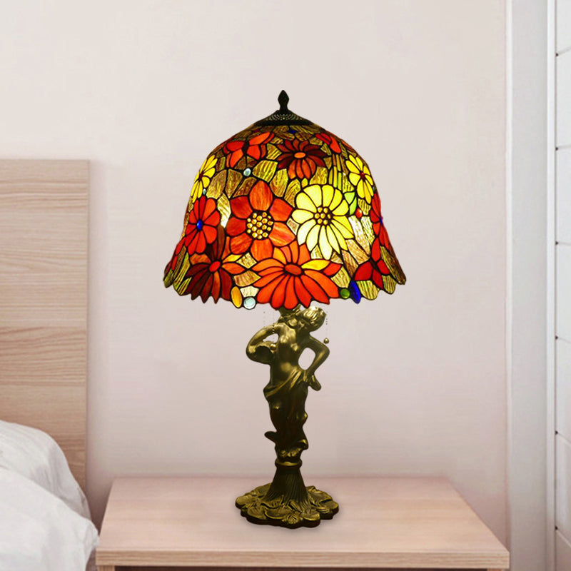 Baroque Gold Stained Glass Flower Patterned Night Lighting Lamp With Elegant Bell/Scalloped Design