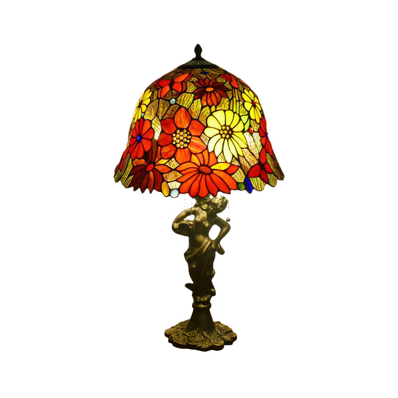 Baroque Gold Stained Glass Flower Patterned Night Lighting Lamp With Elegant Bell/Scalloped Design