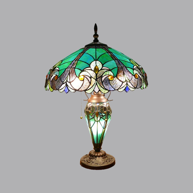 Hand Cut Glass Green Scalloped Dome Night Lamp With Teardrop Base - 3 Lights Task Lighting