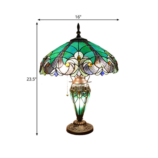 Hand Cut Glass Green Scalloped Dome Night Lamp With Teardrop Base - 3 Lights Task Lighting