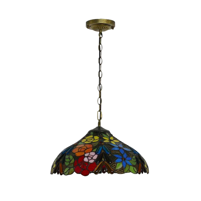 Bloom Victorian Stained Glass Ceiling Lamp - Triple Bulb Pendant Light With Adjustable Chain In Red