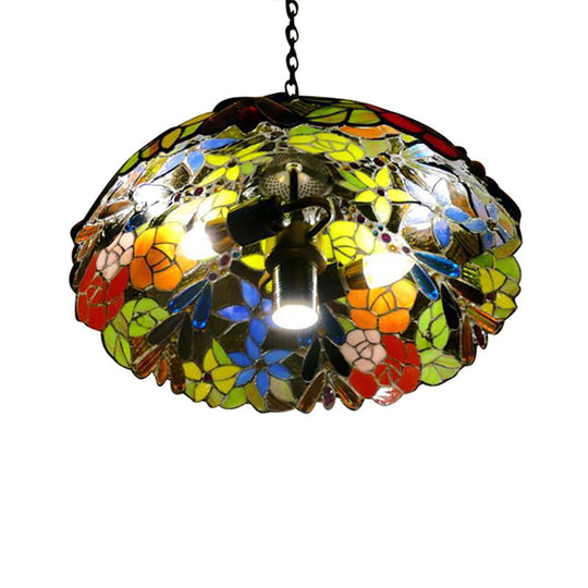 Bloom Victorian Stained Glass Ceiling Lamp - Triple Bulb Pendant Light With Adjustable Chain In Red