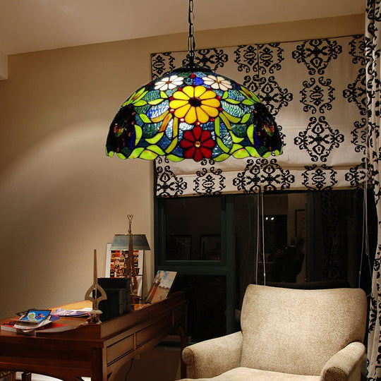 Bloom Stained Glass Ceiling Pendant Light with Adjustable Chain - Victorian Red/Yellow/Red-Yellow-Blue-Green (Set of 3)