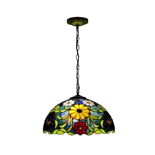 Bloom Victorian Stained Glass Ceiling Lamp - Triple Bulb Pendant Light With Adjustable Chain In Red