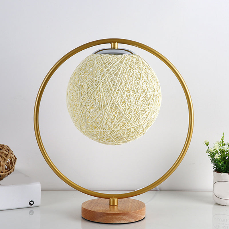 Minimalist Beige/Red Sphere Desk Lamp With Single Fabric Head And Round Frame Design