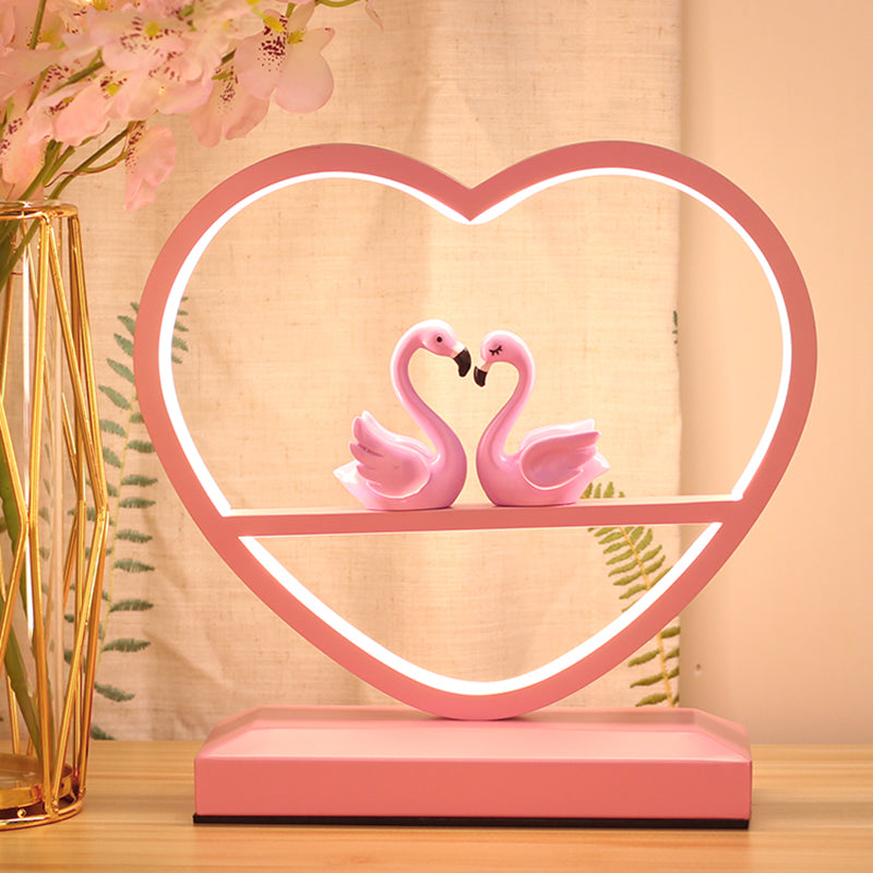 Nordic Loving Heart Led Table Lamp For Sleeping Room - Metallic Pink With Swan Deco