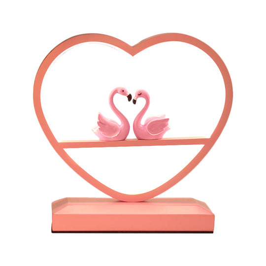 Nordic Loving Heart Led Table Lamp For Sleeping Room - Metallic Pink With Swan Deco