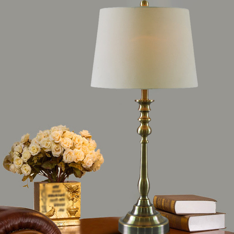 Gold Barrel Fabric Shade Night Table Lamp With Rural Style Candlestick Column - 1 Light Task