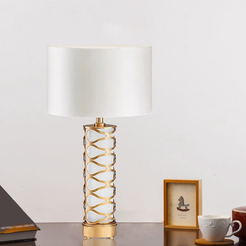 Classic White Drum Bedroom Night Table Lamp With Cylinder Base Gold