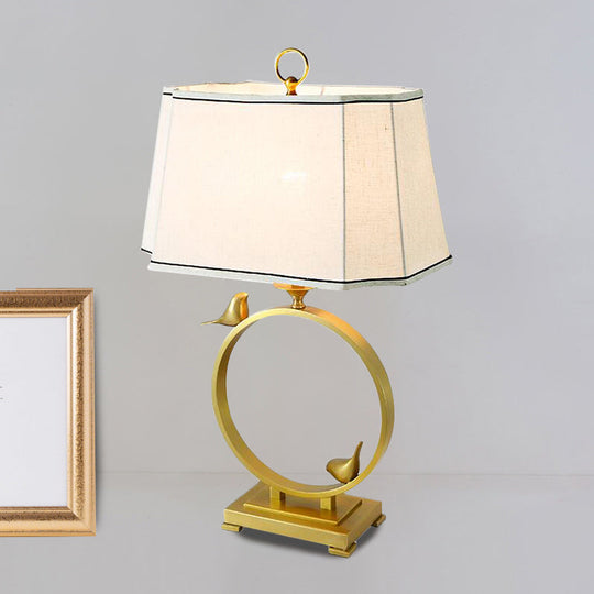 Chloé - Brass Fabric Brass Desk Lamp Paneled Cuboid 1 Light Rustic Style Night Lighting with Bird Deco