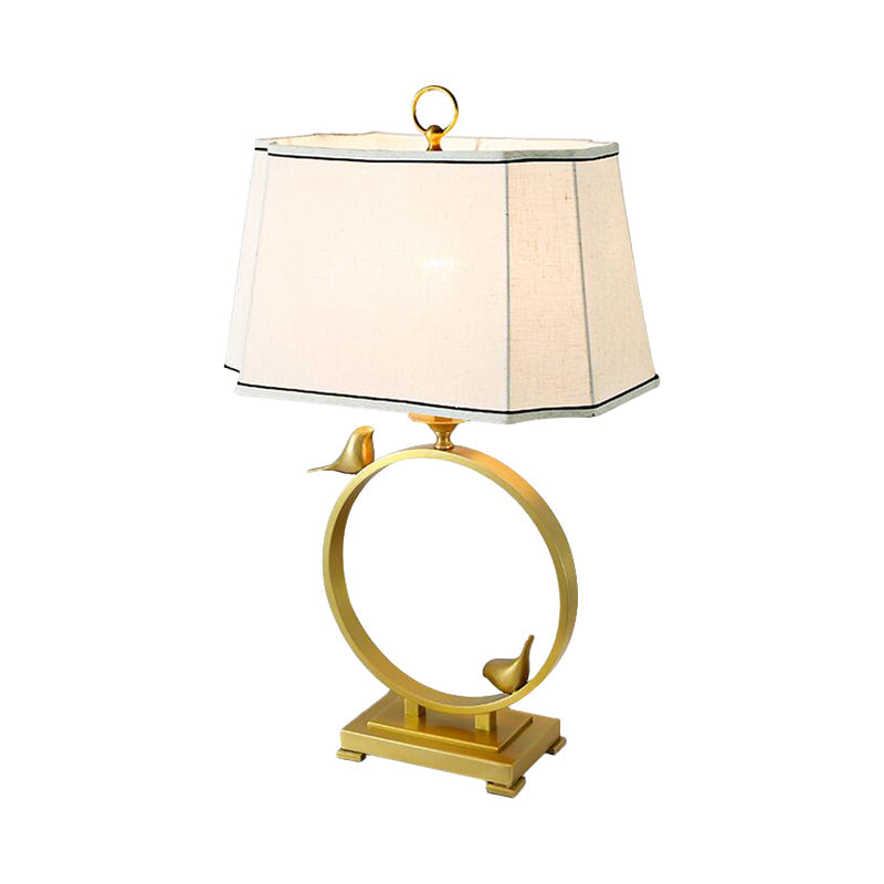 Rustic Style Fabric Brass Desk Lamp With Bird Deco - Paneled Cuboid Night Lighting