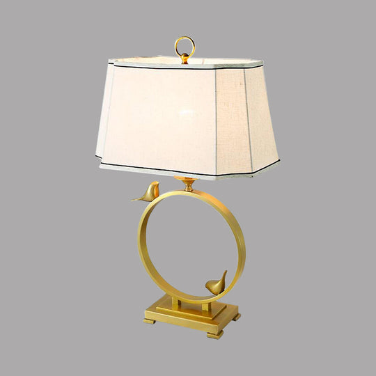 Chloé - Brass Fabric Brass Desk Lamp Paneled Cuboid 1 Light Rustic Style Night Lighting with Bird Deco