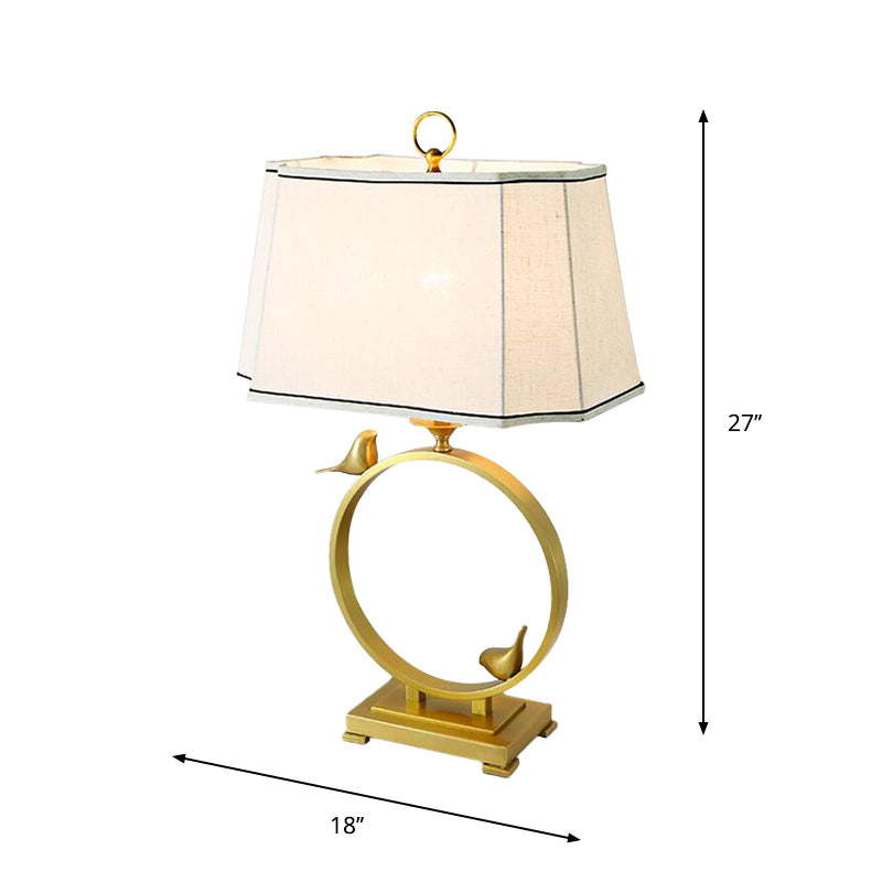 Chloé - Brass Fabric Brass Desk Lamp Paneled Cuboid 1 Light Rustic Style Night Lighting with Bird Deco