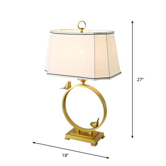 Rustic Style Fabric Brass Desk Lamp With Bird Deco - Paneled Cuboid Night Lighting