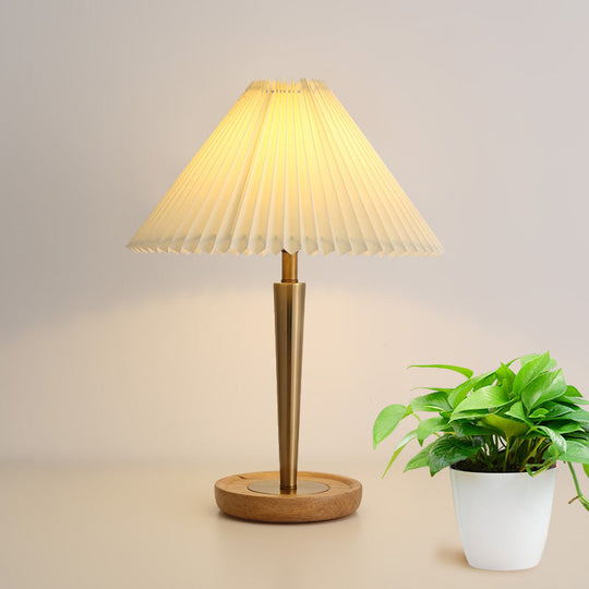 Zoé - Gold 1-Head Night Table Lamp Countryside Conic Pleated Fabric Task Lighting with Wood Round Pedestal in Gold