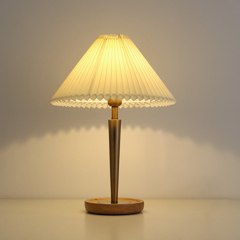 Countryside Conic Pleated Fabric 1-Head Night Table Lamp With Wood Round Pedestal - Gold Finish