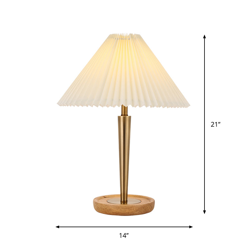 Zoé - Gold 1-Head Night Table Lamp Countryside Conic Pleated Fabric Task Lighting with Wood Round Pedestal in Gold