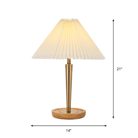 Zoé - Gold 1-Head Night Table Lamp Countryside Conic Pleated Fabric Task Lighting with Wood Round Pedestal in Gold