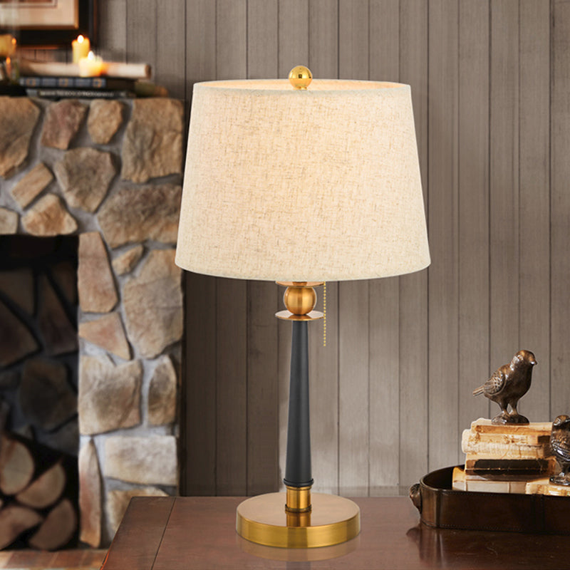 Gold Barrel Bedside Table Light With Pull Chain - Traditional Fabric Night Lighting (1-Bulb)