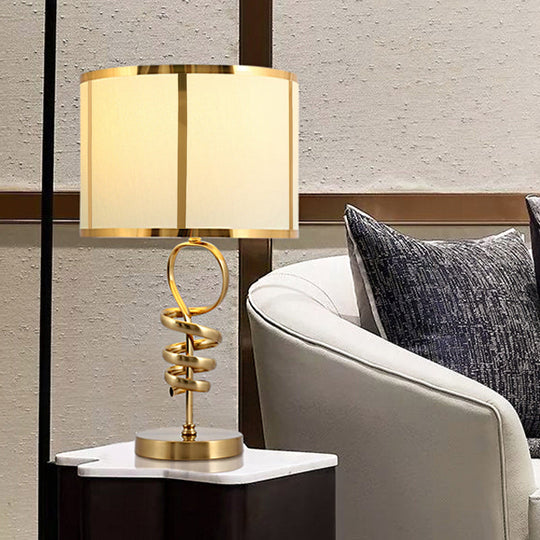 Retro Fabric 1-Head Table Lamp With Twisted Brass Base - Barrel Living Room Desk Light