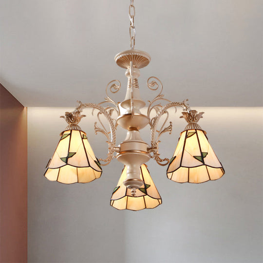 Mission White Stained Glass Leaf Patterned Pendant Chandelier - 3/5-Light Conic Ceiling Hang Fixture