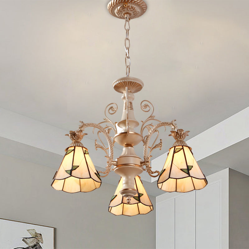 Mission White Stained Glass Leaf Patterned Pendant Chandelier - 3/5-Light Conic Ceiling Hang Fixture