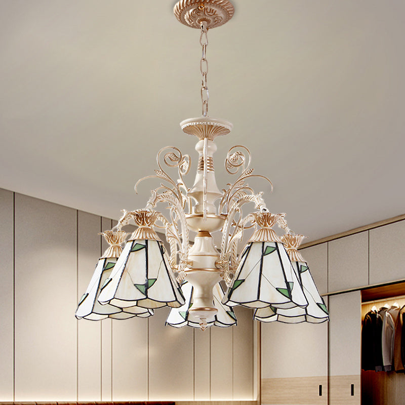 Mission White Stained Glass Leaf Patterned Pendant Chandelier - 3/5-Light Conic Ceiling Hang Fixture