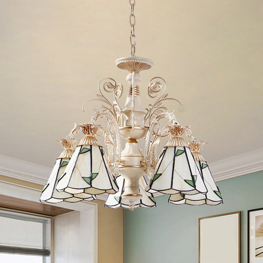 Mission White Stained Glass Leaf Patterned Pendant Chandelier - 3/5-Light Conic Ceiling Hang Fixture