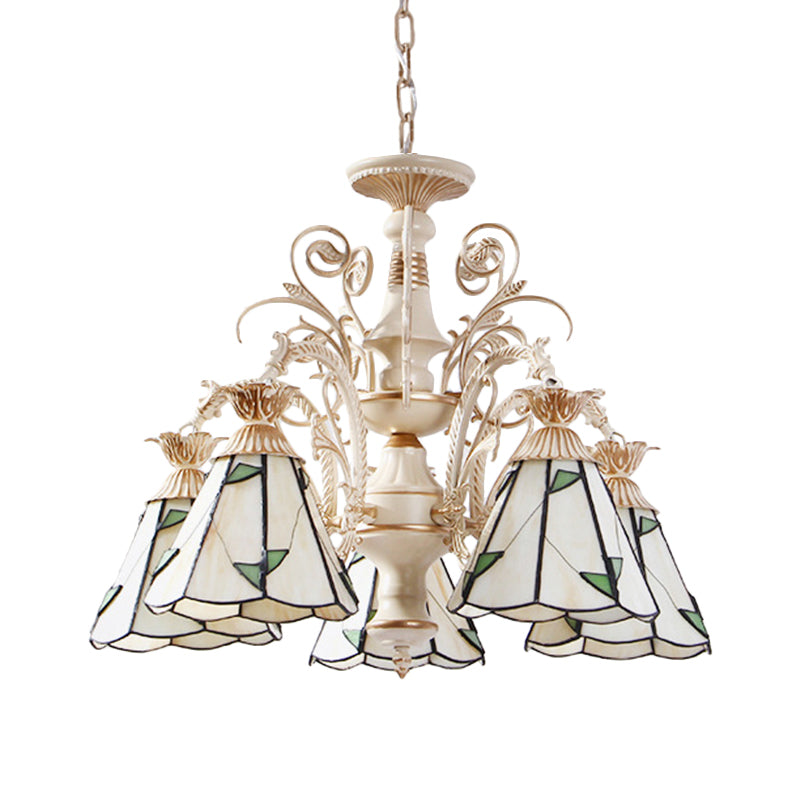 Mission White Stained Glass Leaf Patterned Pendant Chandelier - 3/5-Light Conic Ceiling Hang Fixture